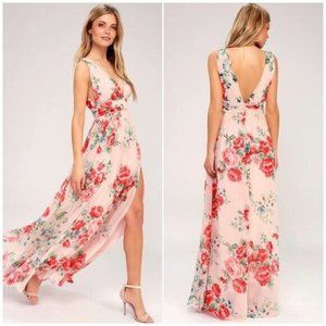 Lulus Garden Meandering Blush Floral Maxi Summer Dress Pink Women's Large 